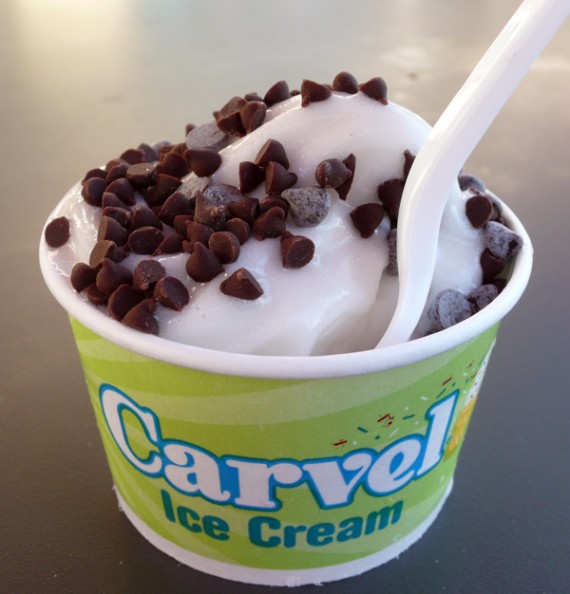 kid size temptation soft serve from chicago soy dairy with vegan chocolate chips. $2.75