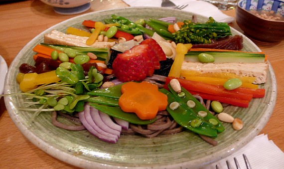 Soba Salad Soba noodles topped with various seasonal vegetables, sesame-oil vinaigrette dressing. $7