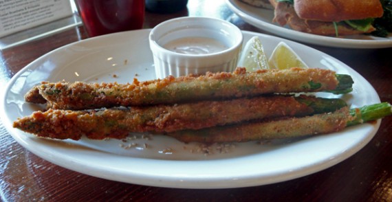 crispy asparagus: fresh asparagus spears lightly breaded and fried, served with homemade spicy yuzu vegenaise. $5.25