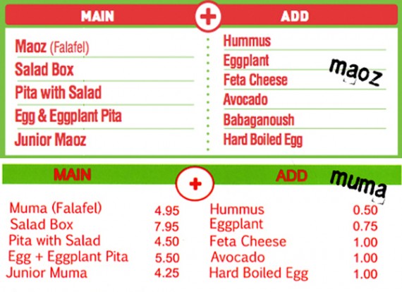 Almost identical menus at Maoz Vegetarian & Muma Vegetarian