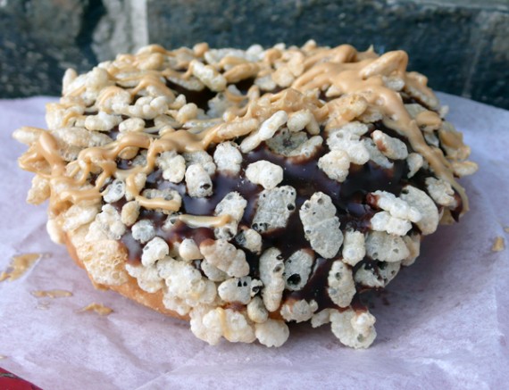 rice krispies treats and peanut butter chocolate raised donut. $2>