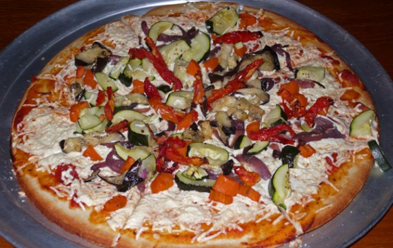 vegetable pizza: grilled carrots, grilled zucchini, grilled eggplant, grilled red onions and daiya cheese. $7.99