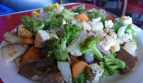veggie hash: home fries topped with grilled vegetables and tofu. $6.50