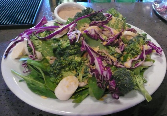 broccoli goddess: spinach and broccoli florets tossed in goddess dressing with sunflower seeds, shredded cabbage and hearts of palm. $6