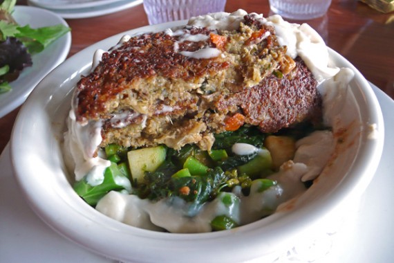 very green casserole: Sautéed broccolini, spinach, asparagus, zucchini, with garlic and fresh herbs in a tomato basil pesto sauce. Topped with a veggie patty and melted goat and mozzarella cheeses. Served with organic mixed greens. Vegan cheese substituted upon request. $13.75