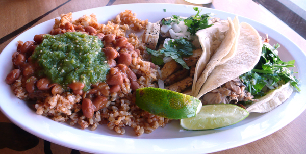 taco combo plate: 2 tacos with rice and pinto beans, or side cesar salad. $8