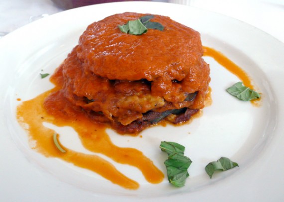melanzane al forna: baked eggplant layered with basil and tomato sauce. 