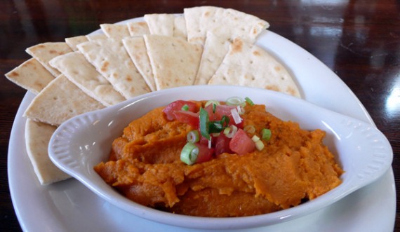 baked red lentil puree: puree of red lentils with grilled green onions, roasted garlic and tomato, served with pita wedges. $6.50