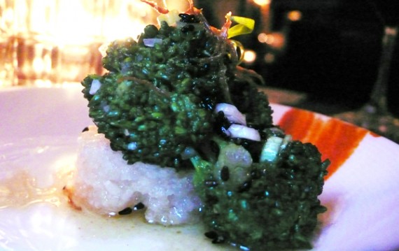 charred broccoli rabe, sushi rice cake, white soy vinaigrette