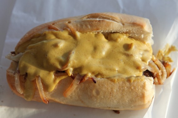 roast beef and cheddar: "beef" strips with grilled onion, bbq sauce and "cheese" sauce. $5.95