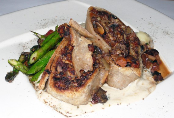 mushroom and walnut strudel: flaky pastry crust, green garlic mashed potatoes, seared asparagus, herbed green peppercorn cashew cream, blood orange and black olive relish. $23.9