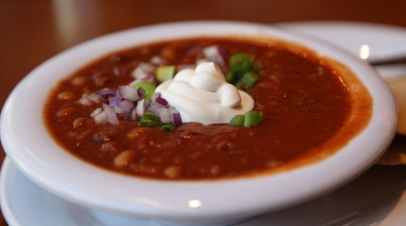 bean me up chili: red and white beans, touch of soy cream, chopped green and red onion. $2.95